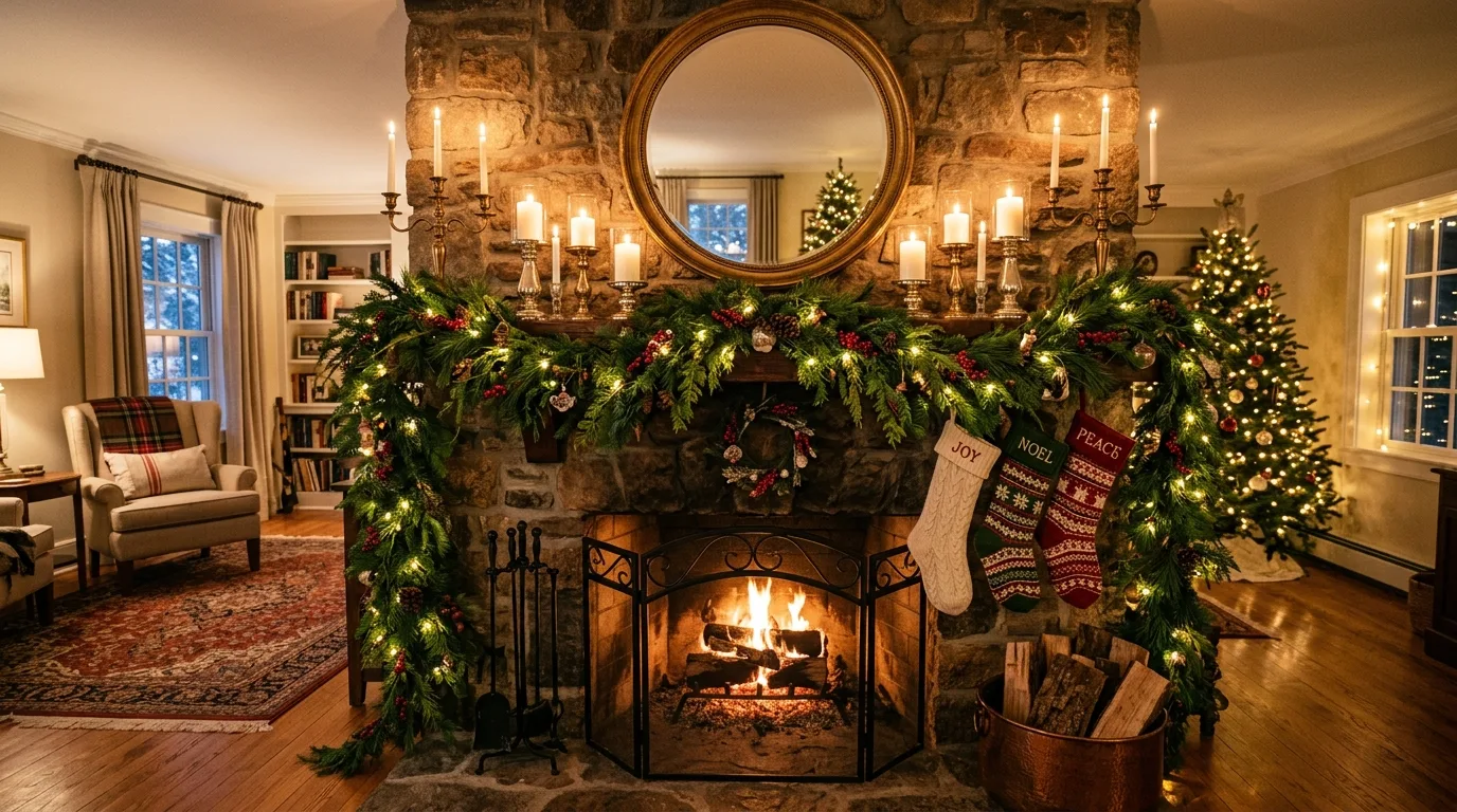 Festive Christmas mantel decor creating a warm holiday focal point.